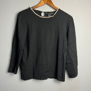 Apostrophe Black Knit Top XL Pearl Beaded Neckline L/SL Career Blouse‎ Classy